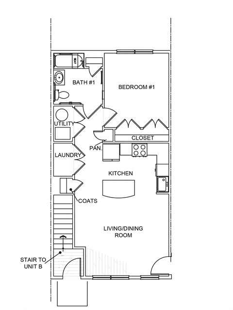 Floor plan for 1 bed, 1 bath, 698 sqft